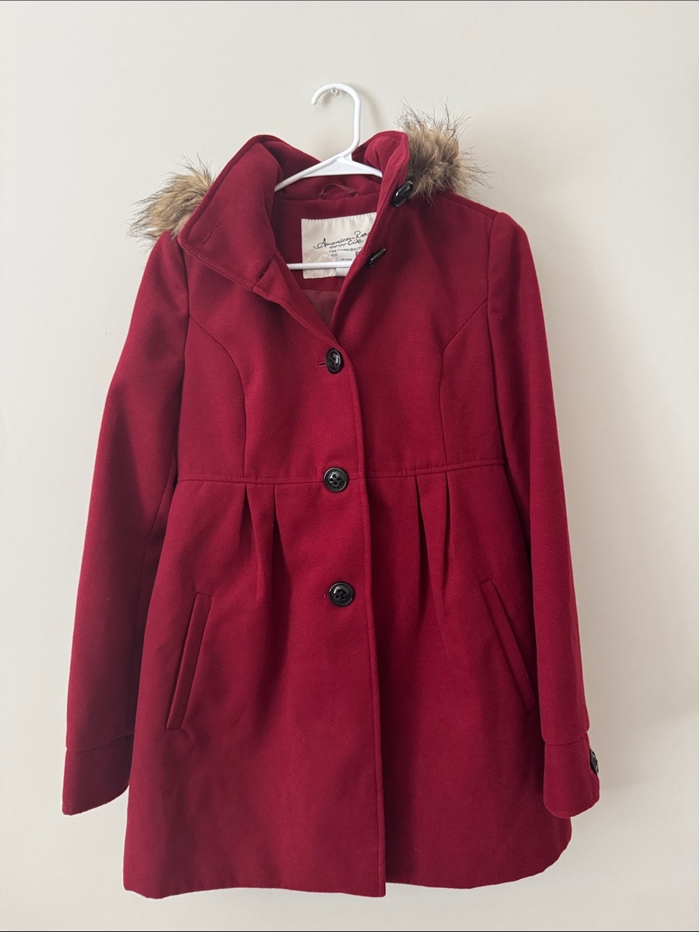 American Rag Burgundy Pea Coat with Faux Fur Trim